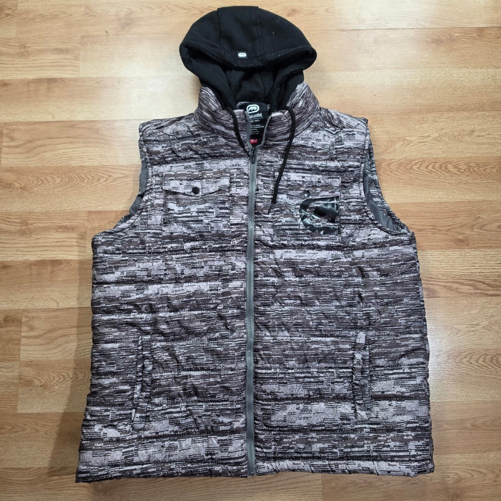 Vtg Ecko Unltd Puffer Vest Men 2XL Hooded Digital Camo Grey Black Streetwear Y2k